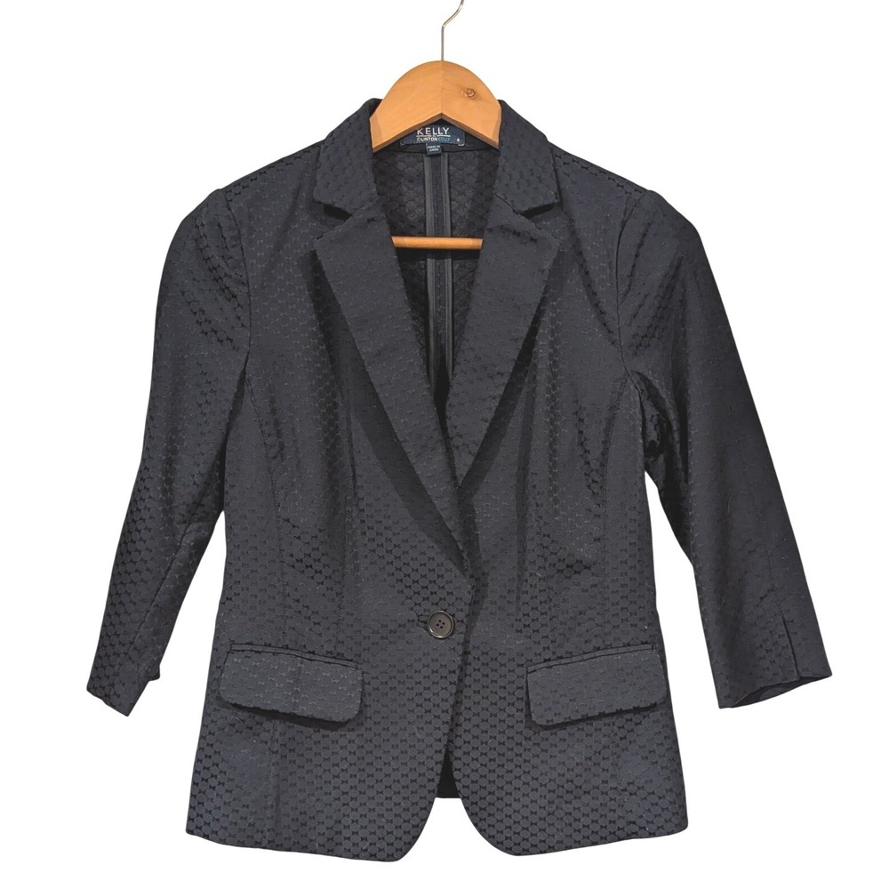 Kelly by Clinton Kelly Navy Blue Textured Jacquard 3/4 Sleeve Blazer Size 4